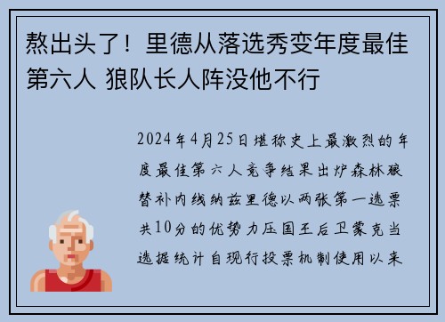 熬出头了！里德从落选秀变年度最佳第六人 狼队长人阵没他不行