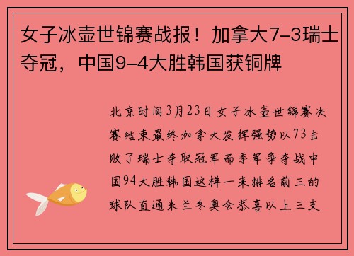 女子冰壶世锦赛战报！加拿大7-3瑞士夺冠，中国9-4大胜韩国获铜牌